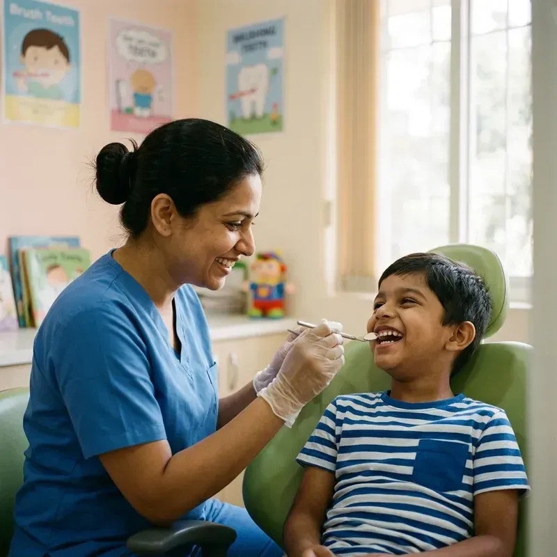 Child laughing naturally while friendly dentist checks teeth in Viman Nagar clinic