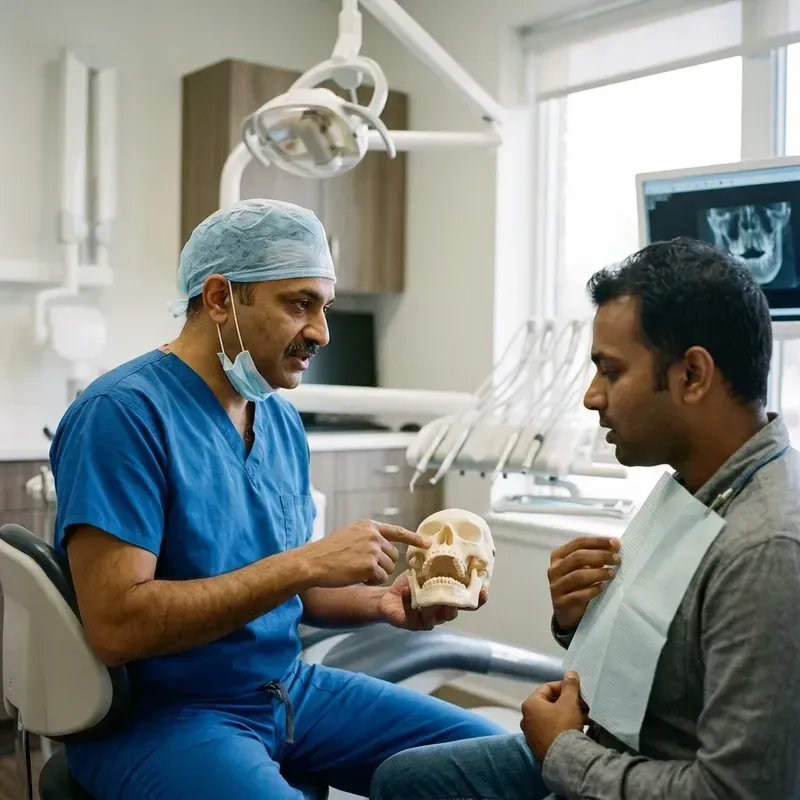 Surgeon explaining restricted mouth opening surgery to patient using jaw model in Viman Nagar